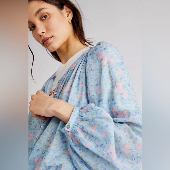 Spell Free People Dolly Long Sleeve Button Up Blouse Blue Floral Womens M Flowy - Picture 2 of 11